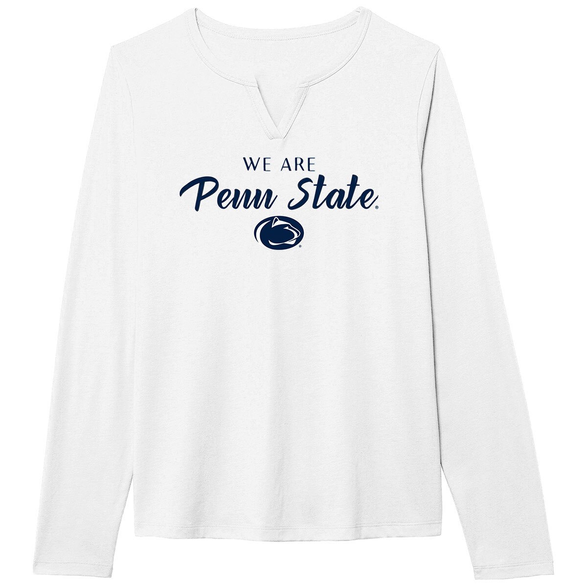women's white long sleeve v-notch t-shirt with We Are Penn State above Athletic Logo
